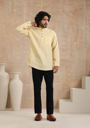 Poly Cotton Solid Men's Short Kurta - Yellow