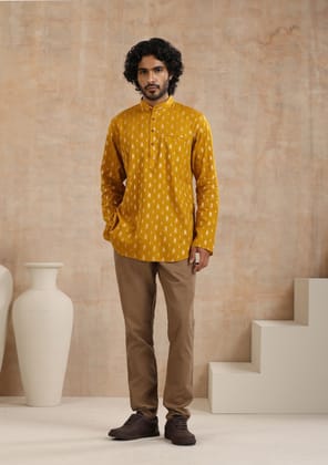 Cotton Jacquard Solid Men's Short Kurta - Mustard