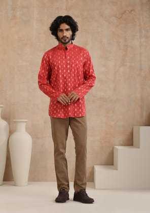 Cotton Jacquard Solid Men's Short Kurta - Pink