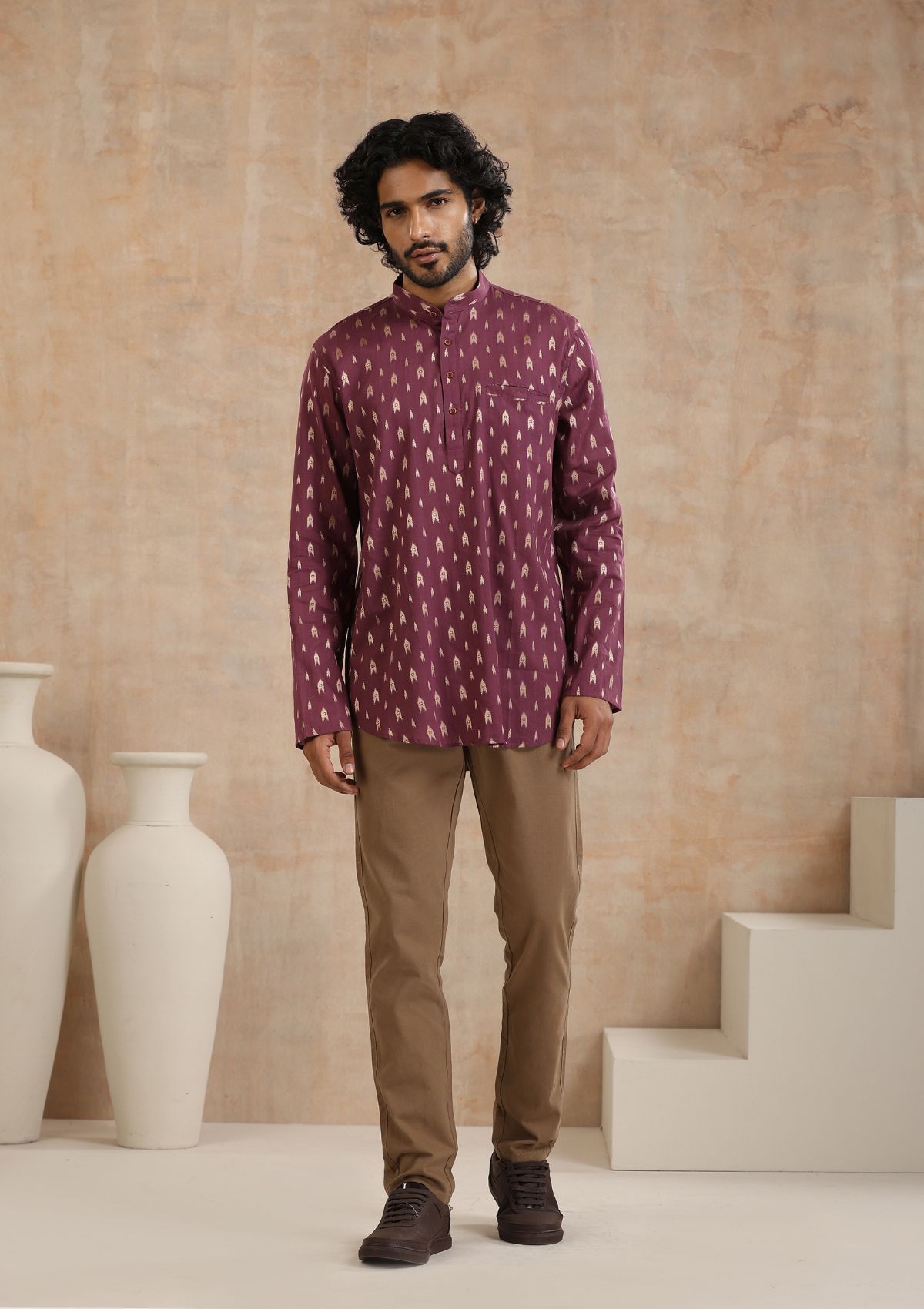 Cotton Jacquard Solid Men's Short Kurta - Purple