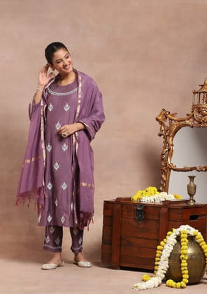 Chanderi Chikankari Kamdaani Embroidered Solid Women's 4 PC Long Kurta Set - Lavender