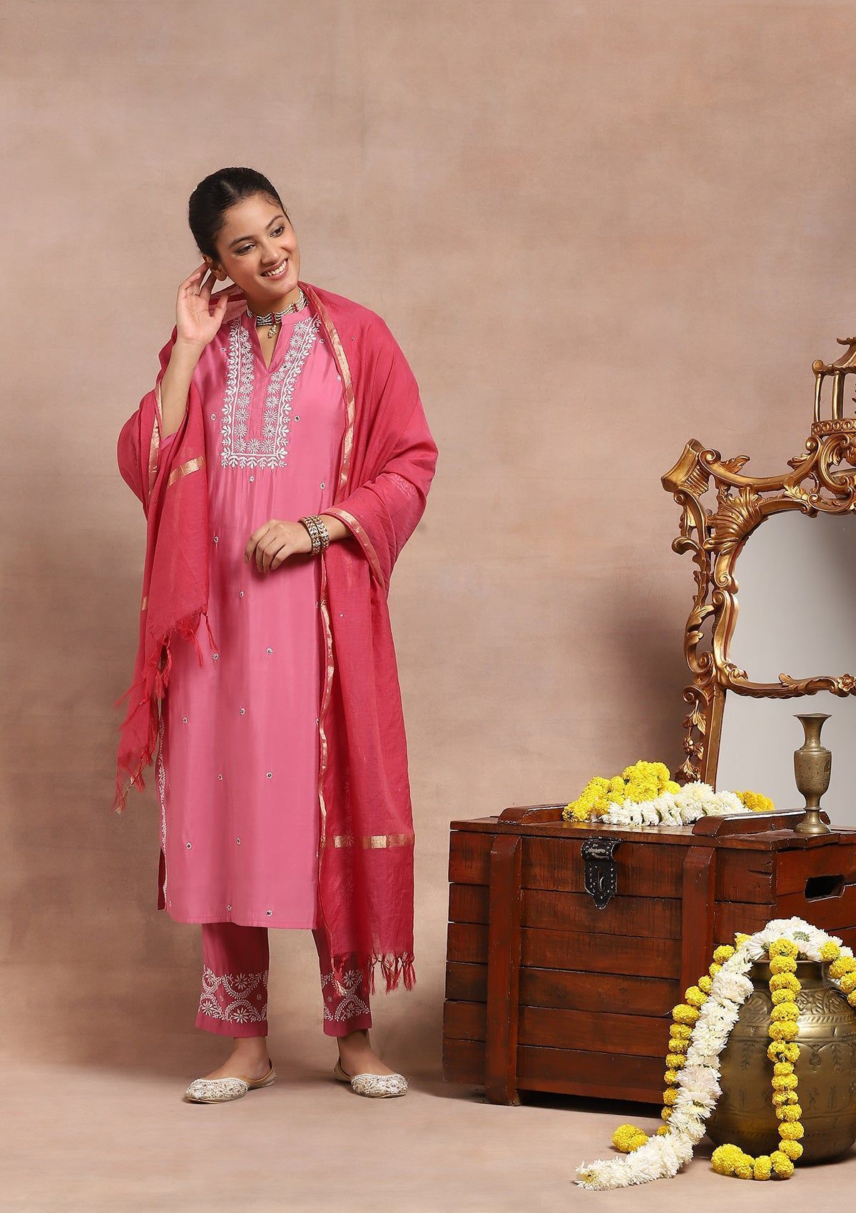 Chanderi Chikankari Mukaish Solid Women's 4 PC Long Kurta Set - Pink