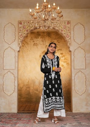 Modal Chikankari Solid Women's Long Kurta - Black