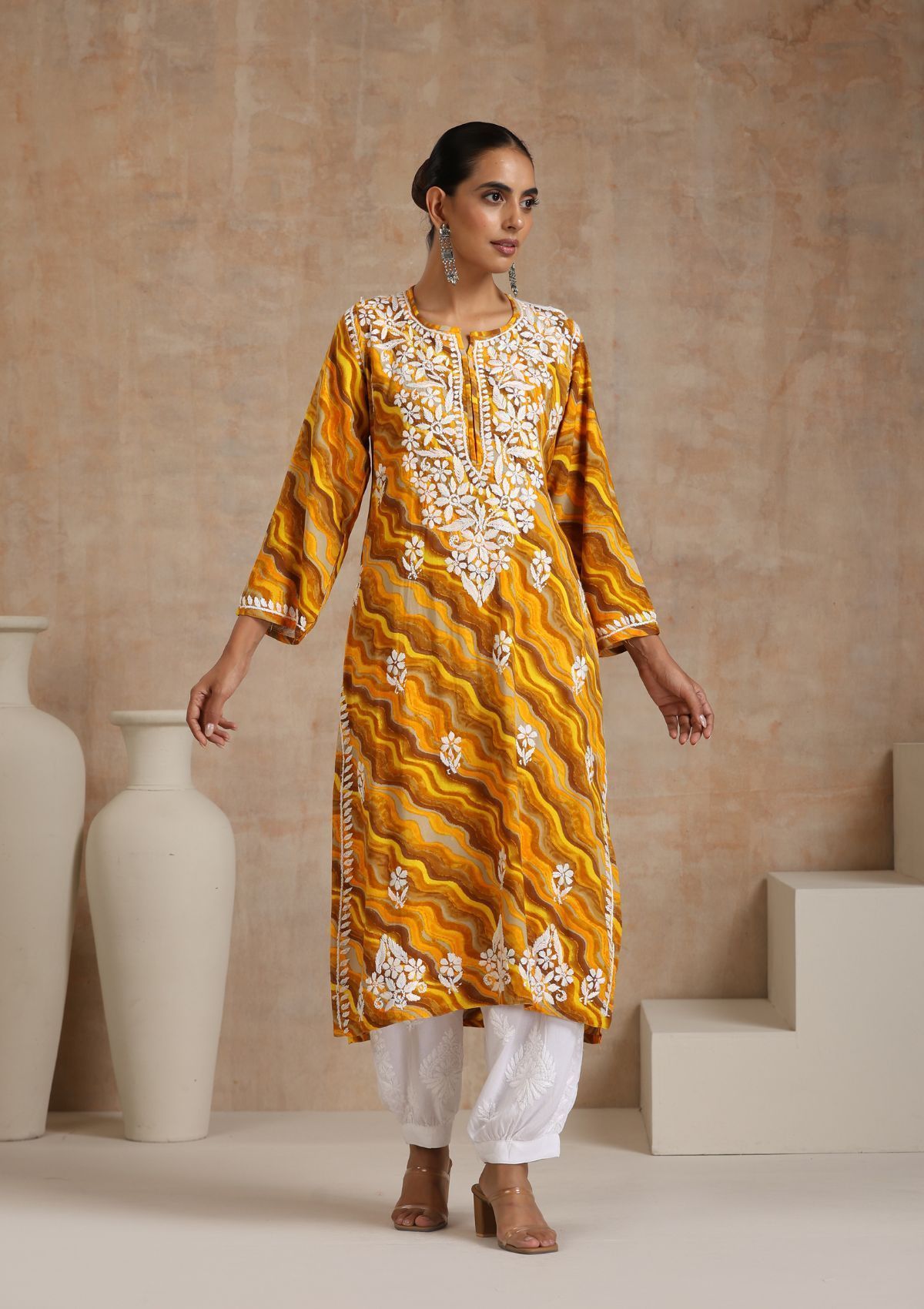 Rayon Chikankari Printed Women's Long Kurta - Yellow