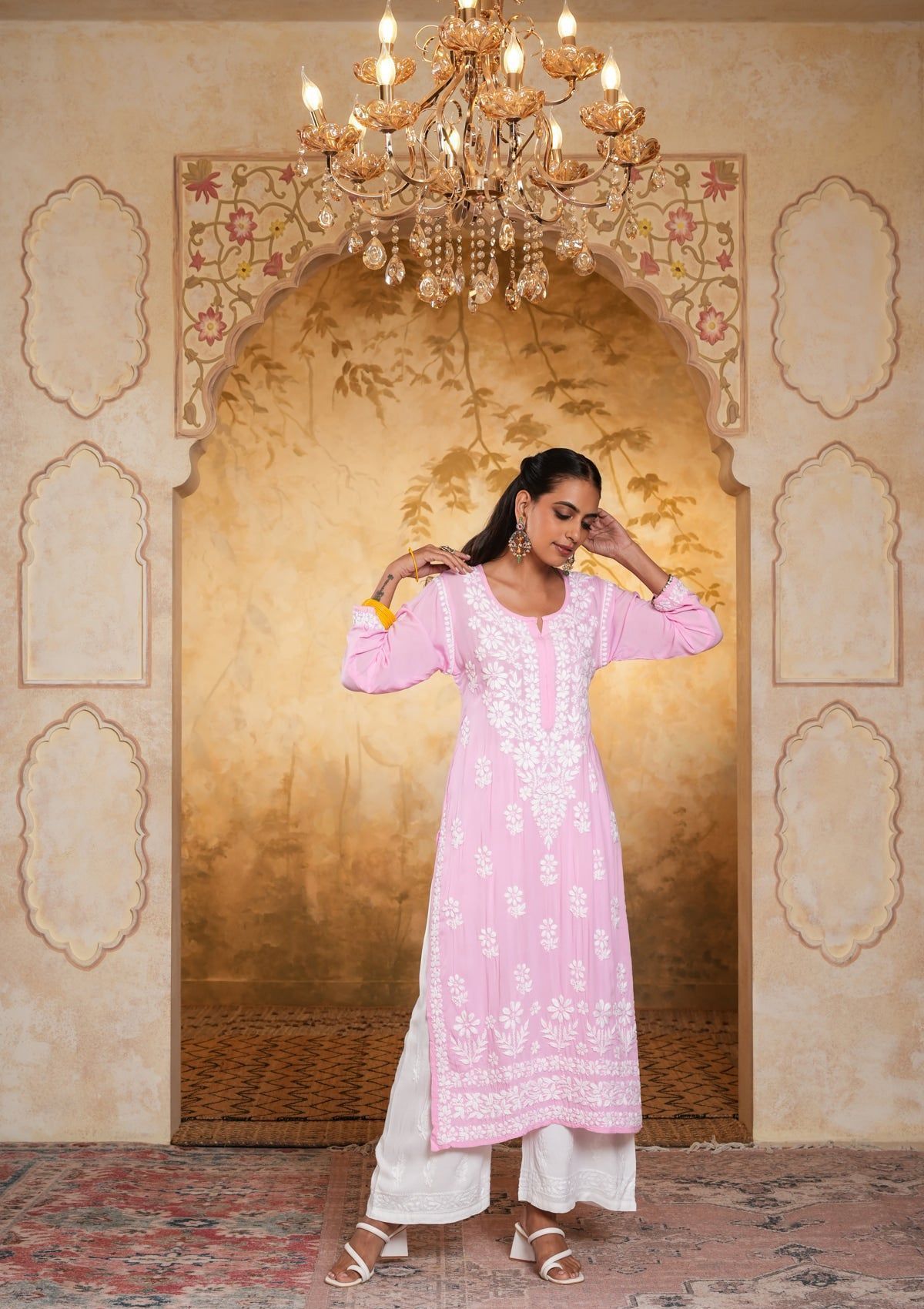 Modal Chikankari Solid Women's Long Kurta - Pink