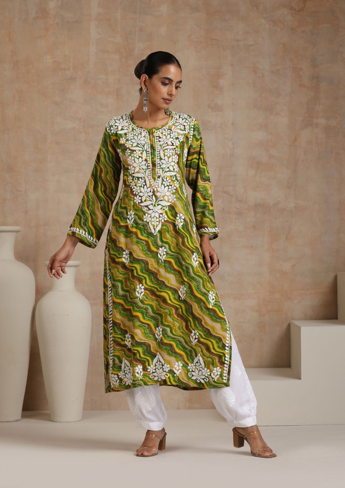 Rayon Chikankari Printed Women's Long Kurta - Green