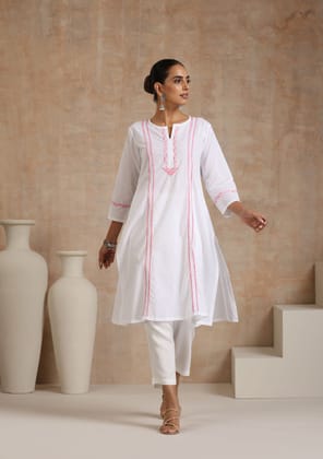 Cotton Chikankari Solid Women's Long Kurta - White