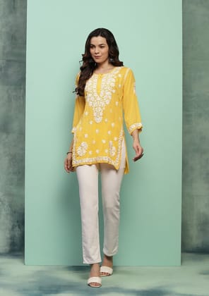 Modal Chikankari Solid Women's Short Kurta - Yellow