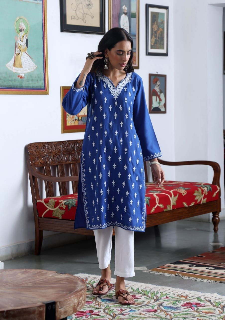 HOC Crafts Aari Embroidered Cotton Solid Women's Long Kurta - Blue