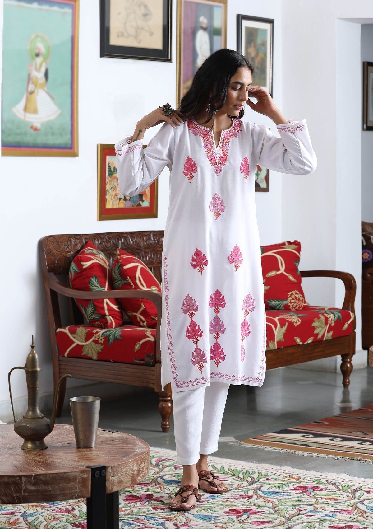 HOC Crafts Aari Embroidered Cotton Solid Women's Long Kurta - White