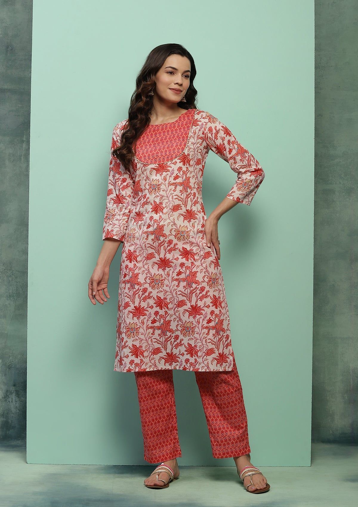 Cotton Printed Women's 2 PC Long Kurta Set - Orange