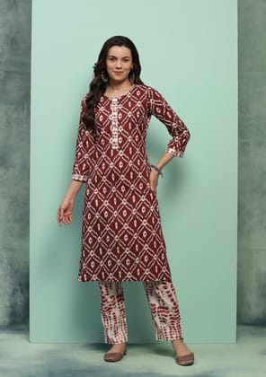 Cotton Printed Women's 2 PC Long Kurta Set - Maroon