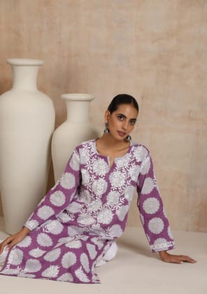 Cotton Chikankari Printed Women's Long Kurta - Purple