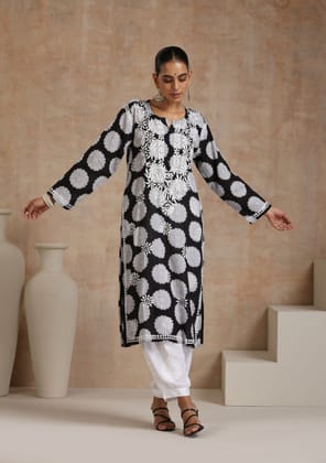 Cotton Chikankari Printed Women's Long Kurta - Black