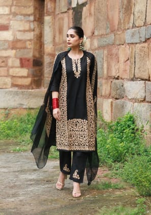 HOC Crafts Cotton Aari Embroidered Solid Women's 3 PC Long Kurta Set - Black