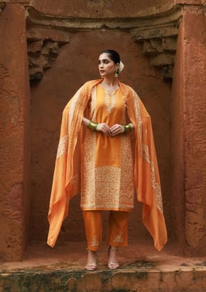 HOC Crafts Cotton Aari Embroidered Solid Women's 3 PC Long Kurta Set - Mustard