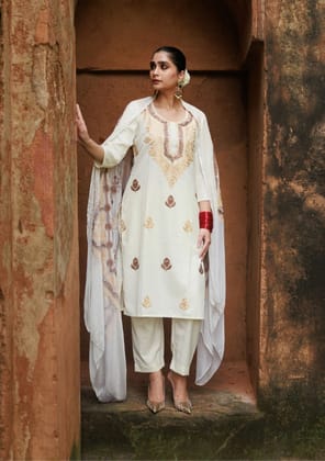 HOC Crafts Cotton Aari Embroidered Solid Women's 3 PC Long Kurta Set - Cream