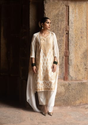 HOC Crafts Cotton Aari Embroidered Solid Women's 3 PC Long Kurta Set - Cream