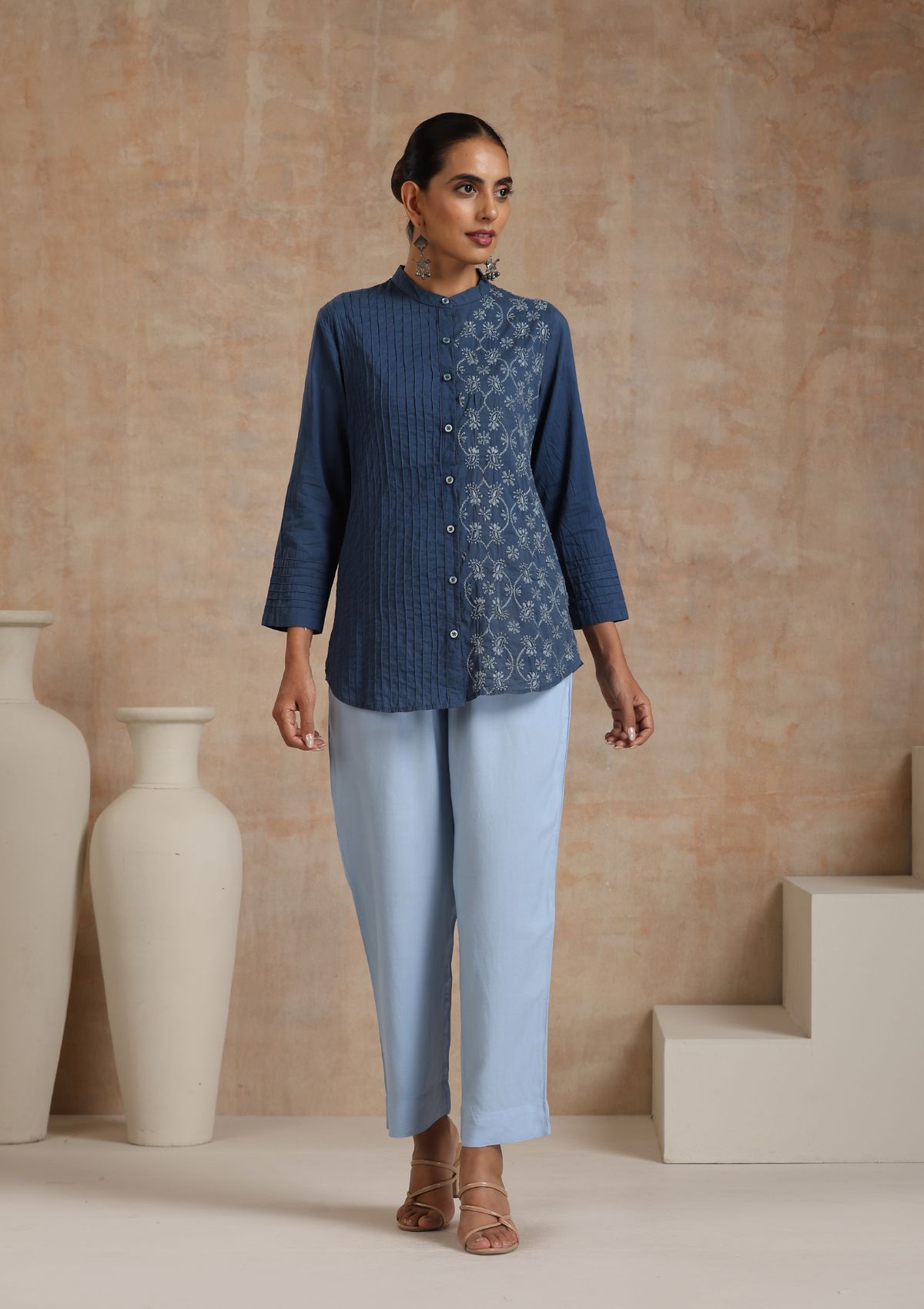 Cotton Chikankari Solid Women's Shirt with Pintucks - Blue