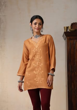 HOC Crafts Aari Embroidered Woollen Solid Women's Short Kurta - Rust