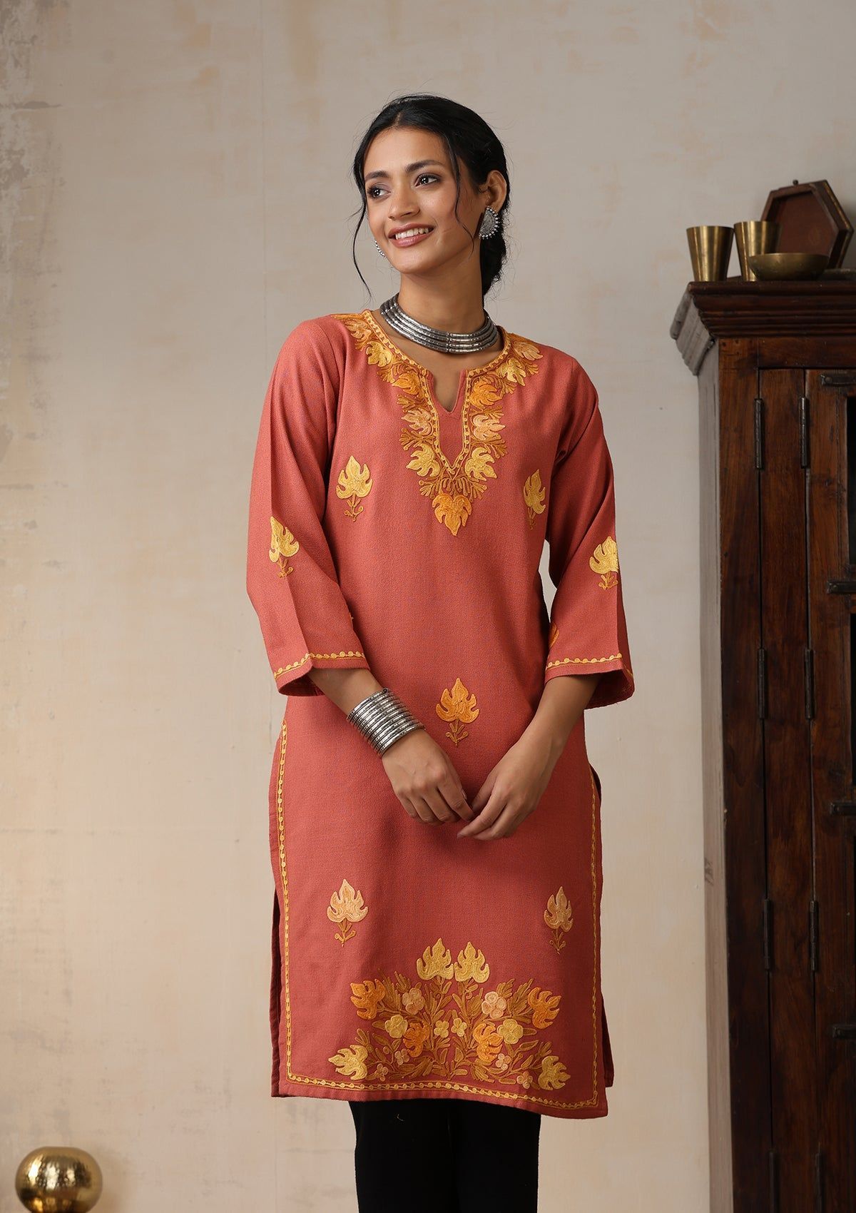 HOC Crafts Aari Embroidered Woollen Solid Women's Long Kurta - Coral