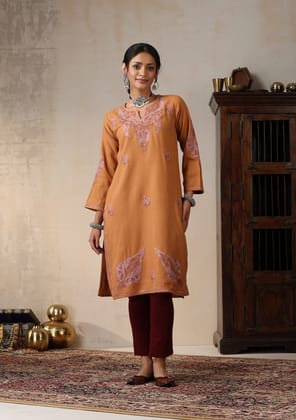 HOC Crafts Aari Embroidered Woollen Solid Women's Long Kurta - Rust