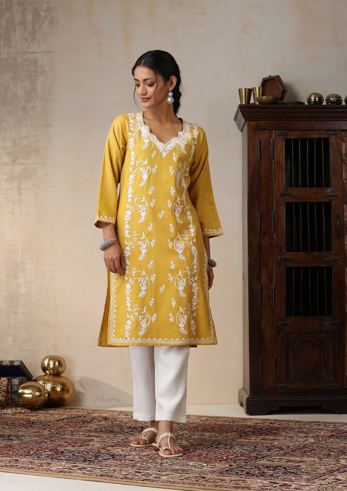 HOC Crafts Aari Embroidered Woollen Solid Women's Long Kurta - Yellow