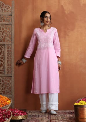 Cotton Chikankari Solid Women's Long Kurta - Pink