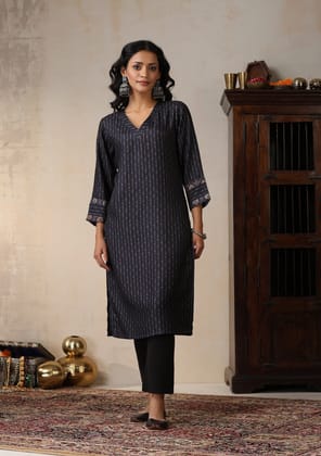 HOC Crafts Pashmina Printed Women's Long Kurta - Navy Blue