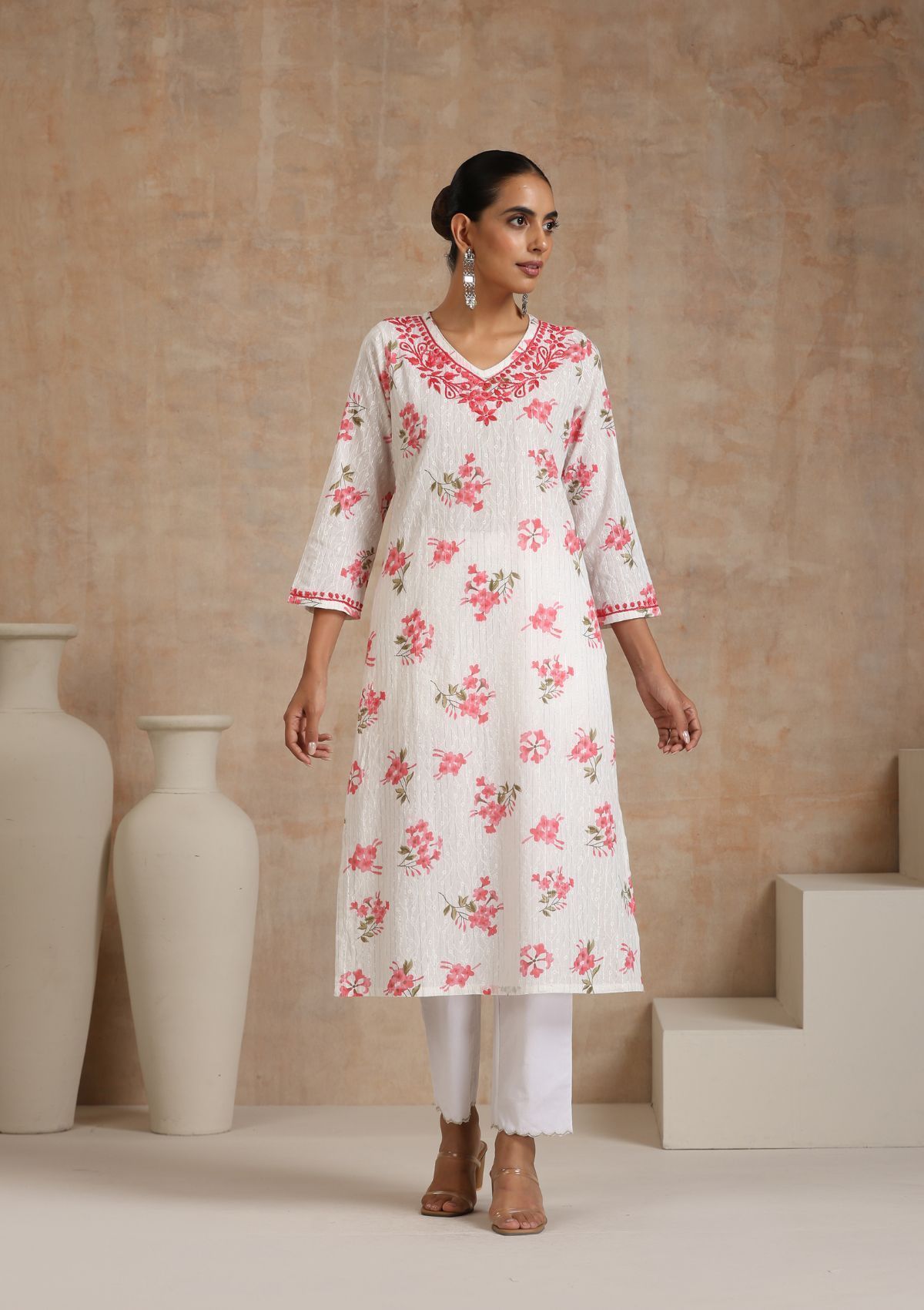 Cotton Chikankari Printed Women's Long Kurta - White