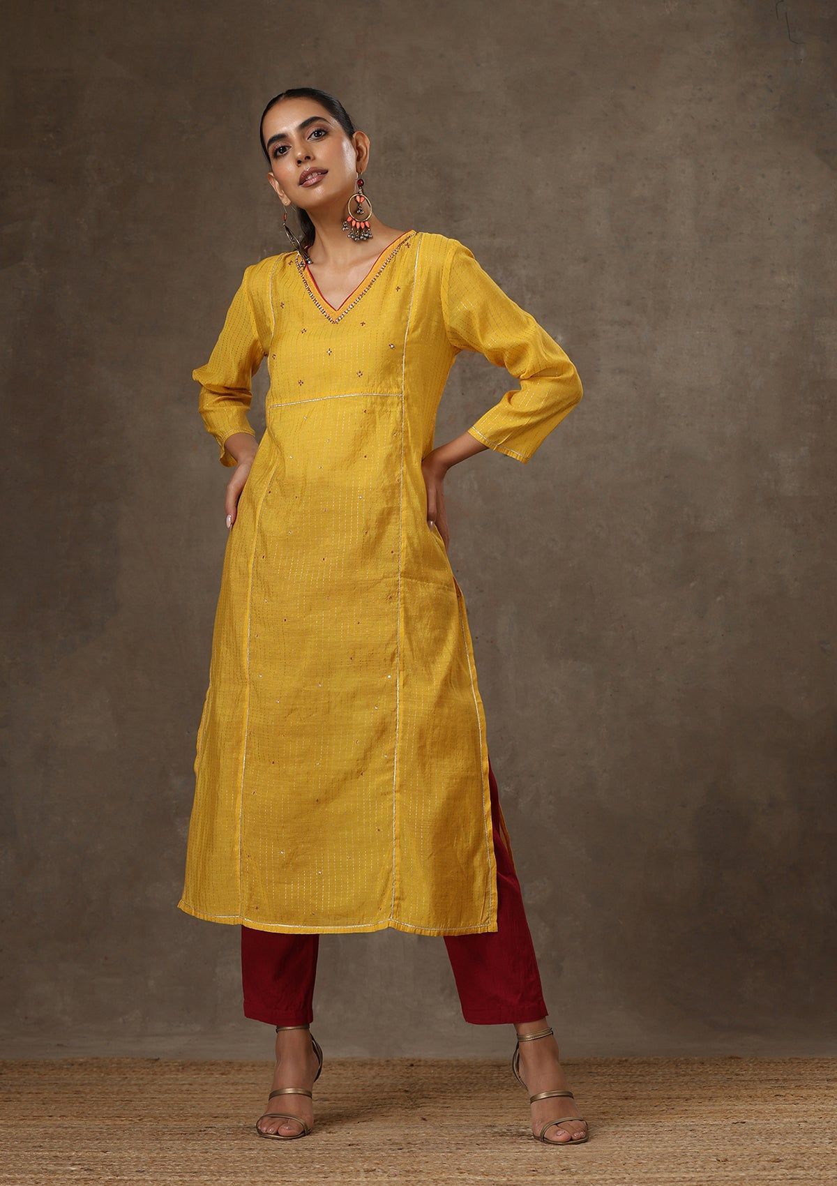 HOC Crafts Chanderi Hand Embroidered Solid Women's Long Kurta - Yellow