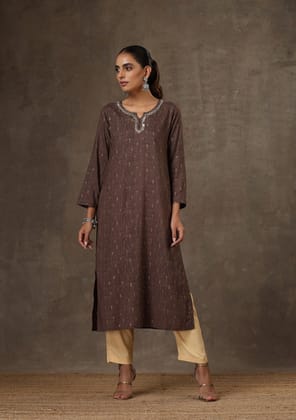 Rayon Hand Embroidered Printed Women's Long Kurta - Brown