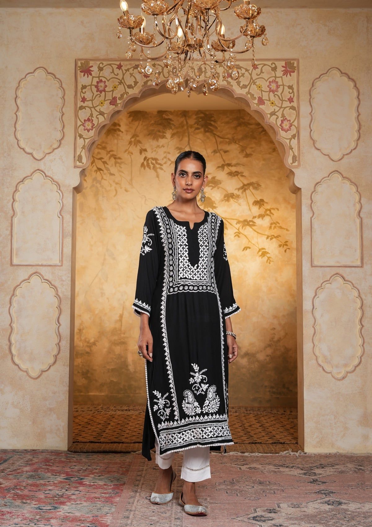 Modal Chikankari Solid Women's Long Kurta- Black