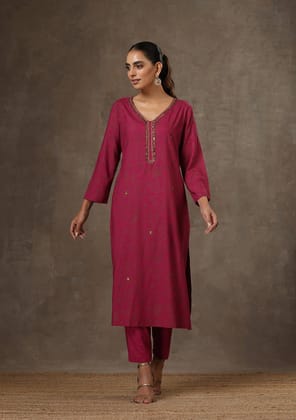 HOC Crafts Rayon Hand Embroidered Printed Women's 2 PC Long Kurta Set - Pink