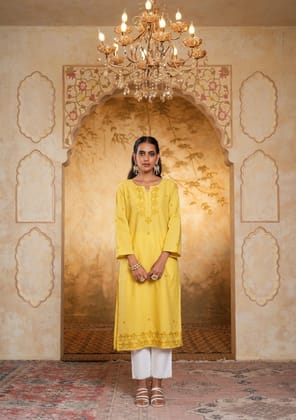 Cotton Chikankari Solid Women's Long Kurta - Yellow