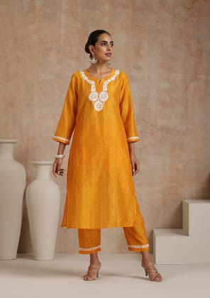 Chanderi Chikankari Solid Women's 2 PC Long Kurta Set - Yellow