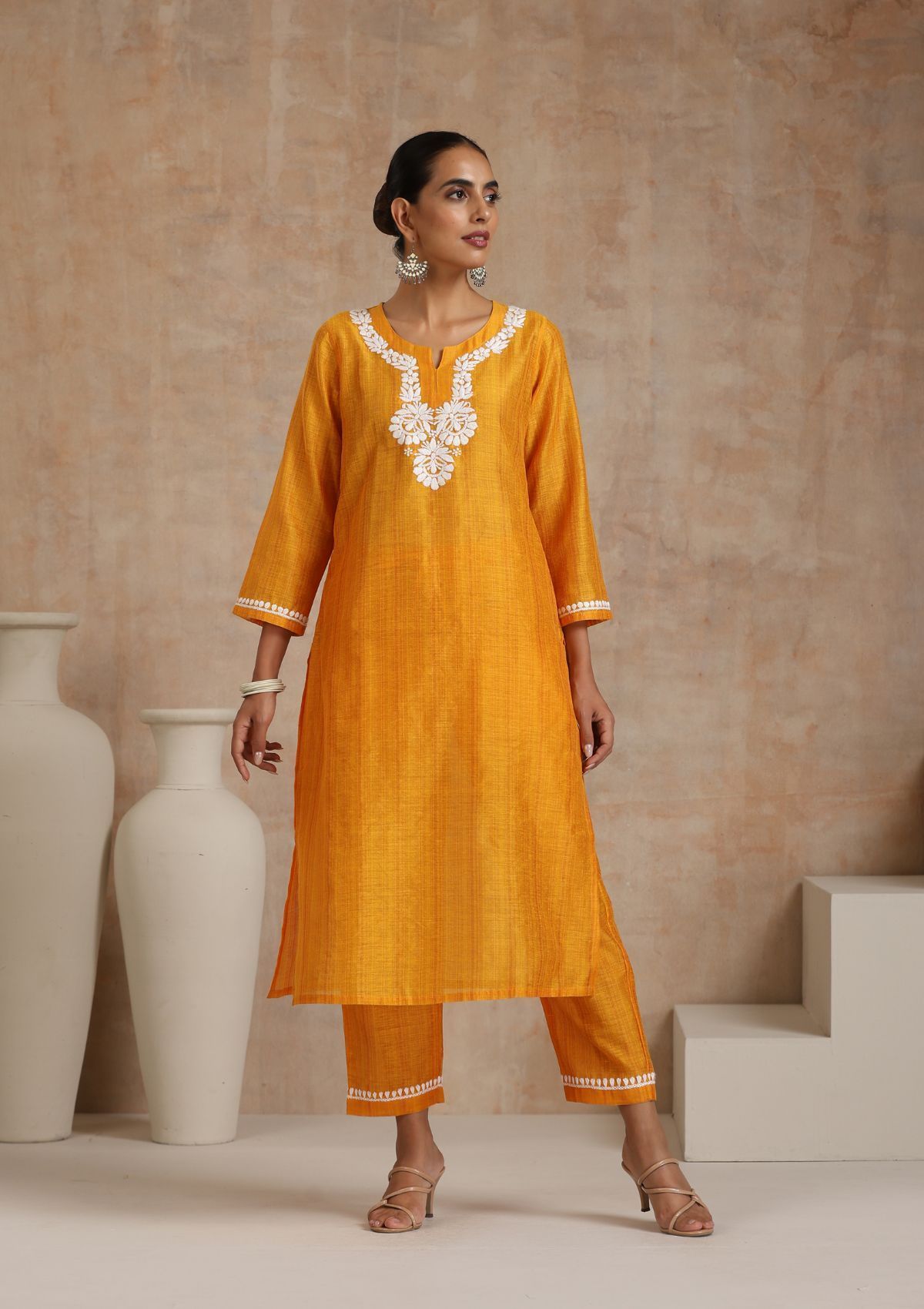 Chanderi Chikankari Solid Women's 2 PC Long Kurta Set - Yellow