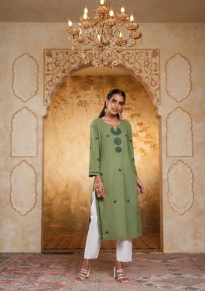 Cotton Chikankari Solid Women's Long Kurta - Green