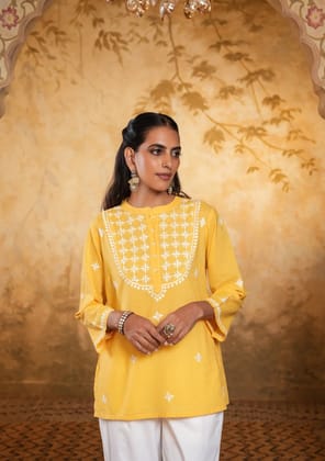 Cotton Chikankari Solid Women's Short Kurta - Yellow