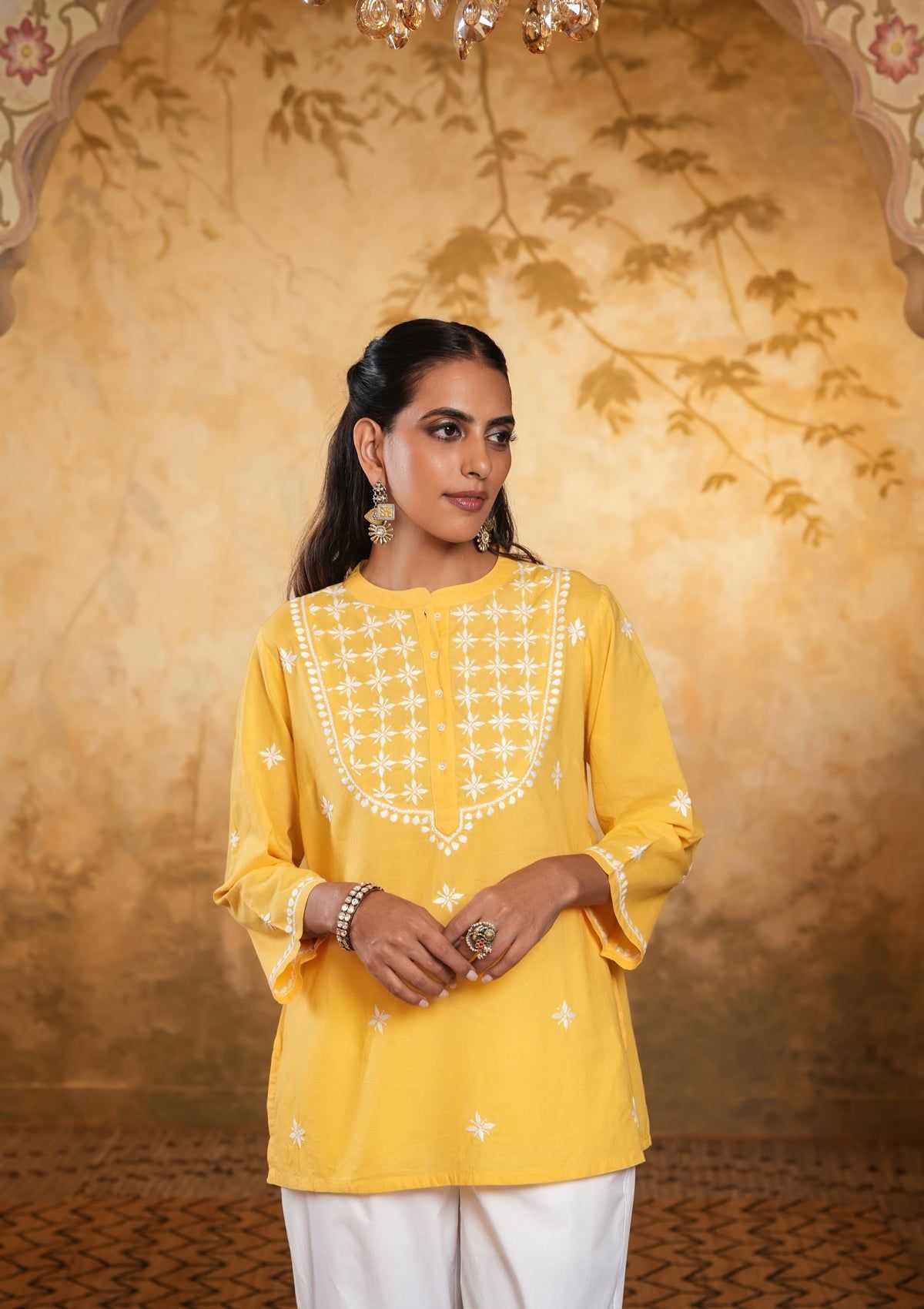 Cotton Chikankari Solid Women's Short Kurta - Yellow