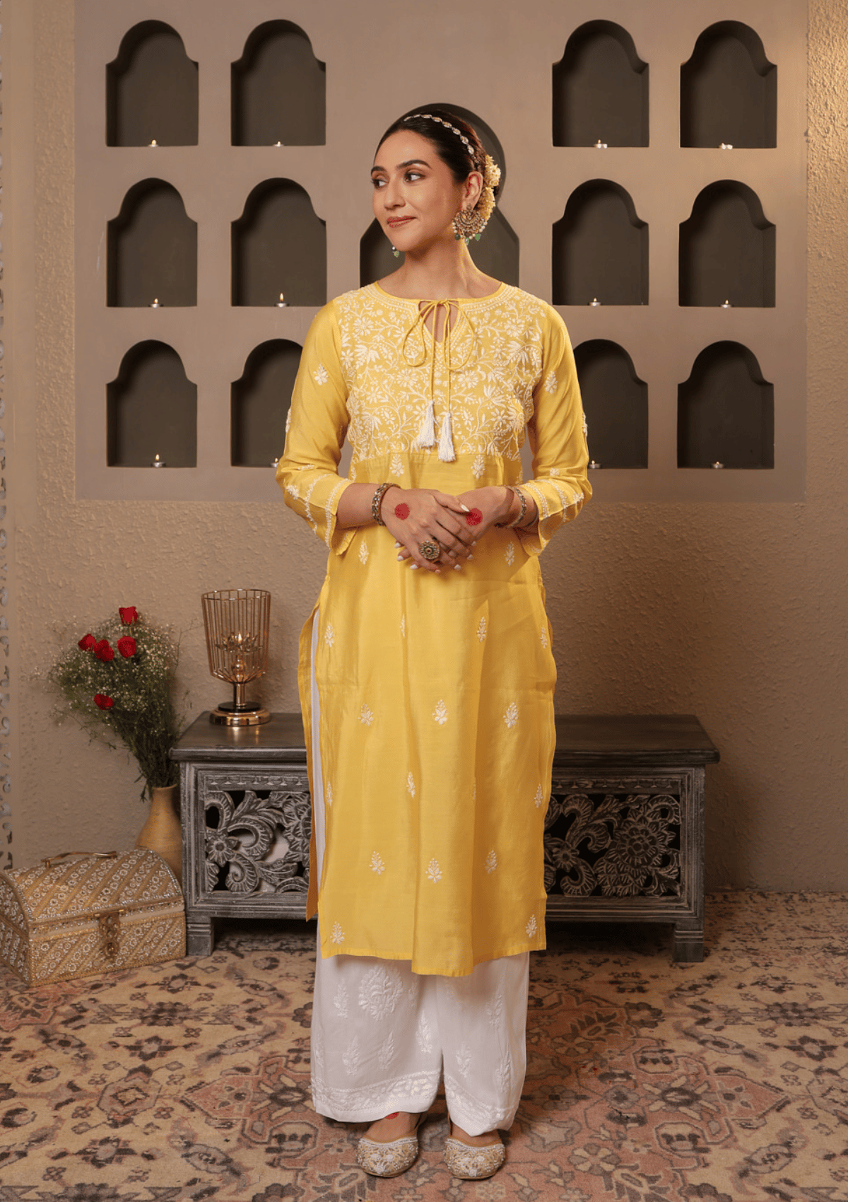 Chanderi Chikankari Solid Women's Long Kurta - Yellow