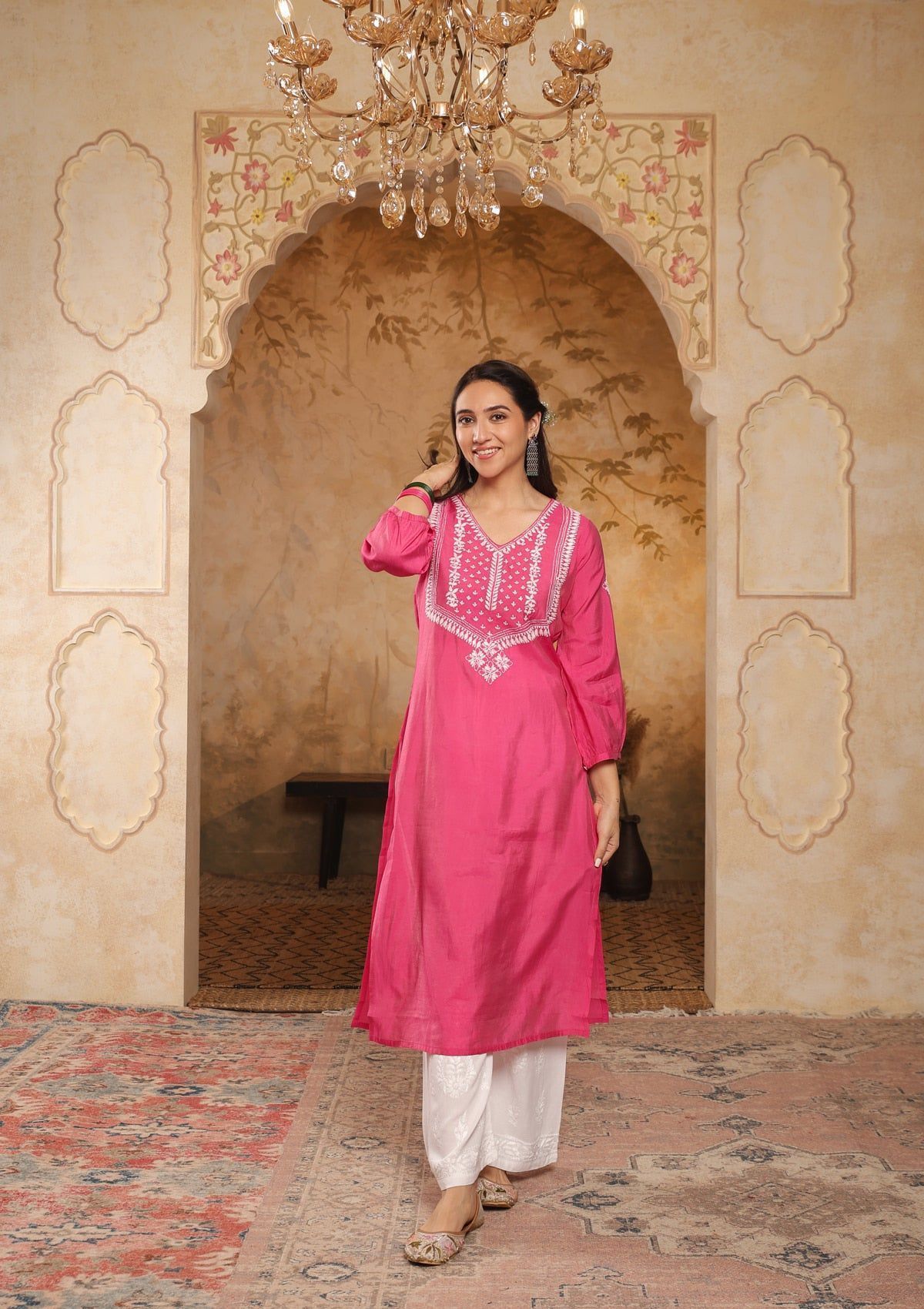 Chanderi Chikankari Solid Women's Long Kurta - Pink