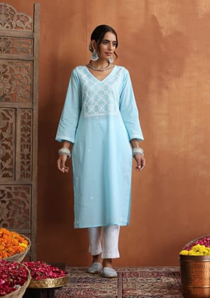 Cotton Chikankari Solid Women's Long Kurta - Blue