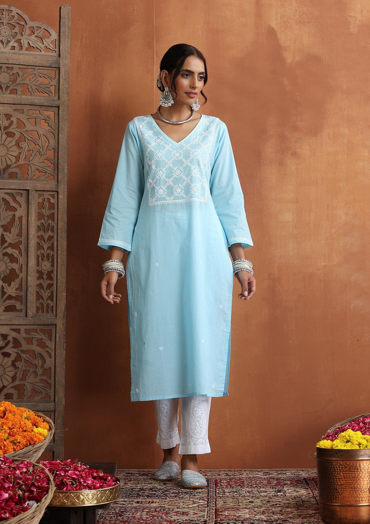 Cotton Chikankari Solid Women's Long Kurta - Blue