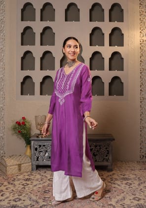 Chanderi Chikankari Solid Women's Long Kurta - Purple