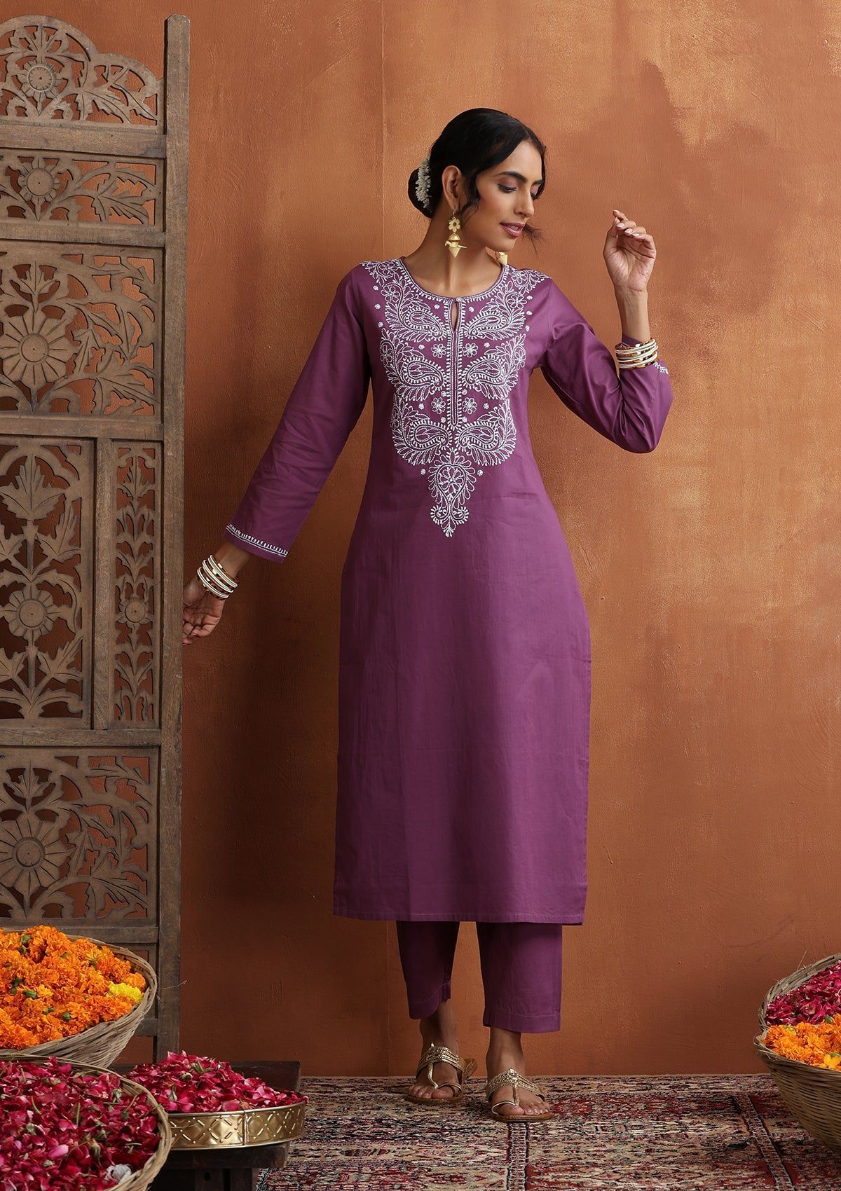 Cotton Chikankari Solid Women's 2 PC Long Kurta Set - Purple