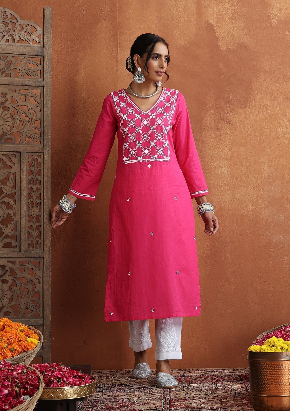 Cotton Chikankari Solid Women's Long Kurta - Pink