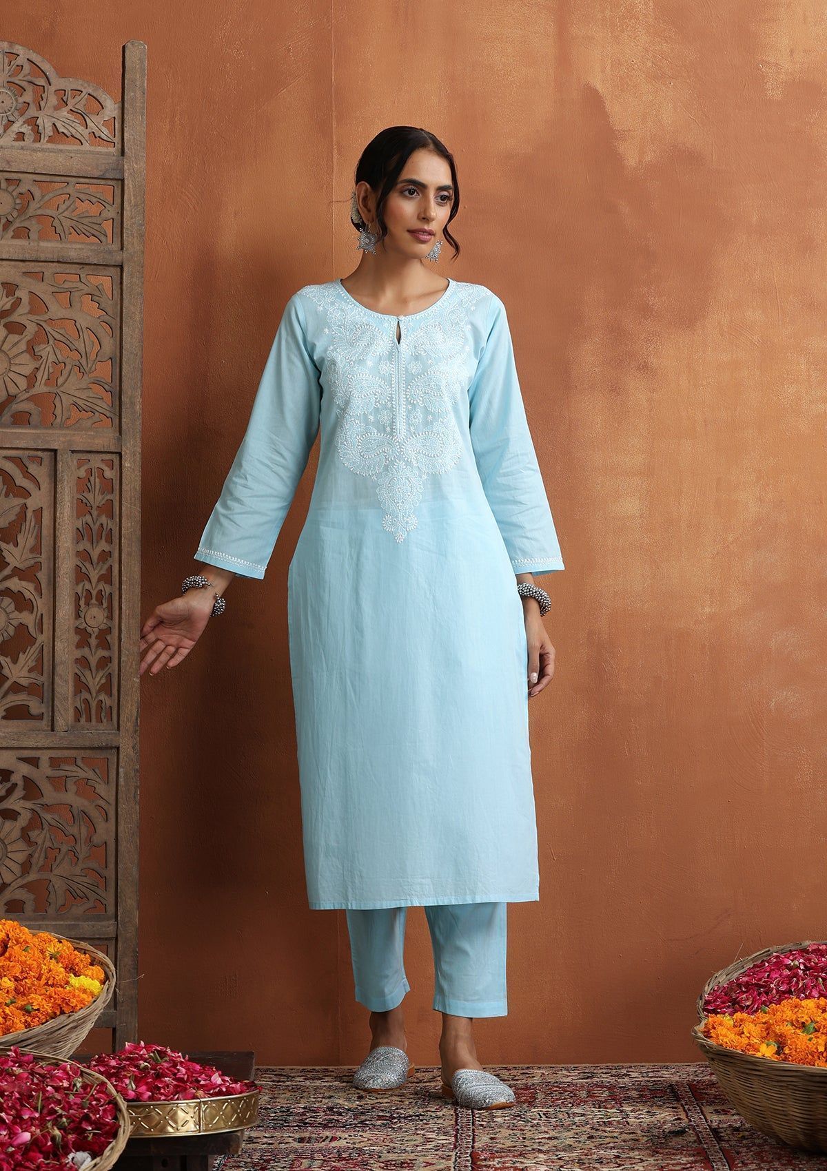 Cotton Chikankari Solid Women's 2 PC Long Kurta Set - Sky Blue