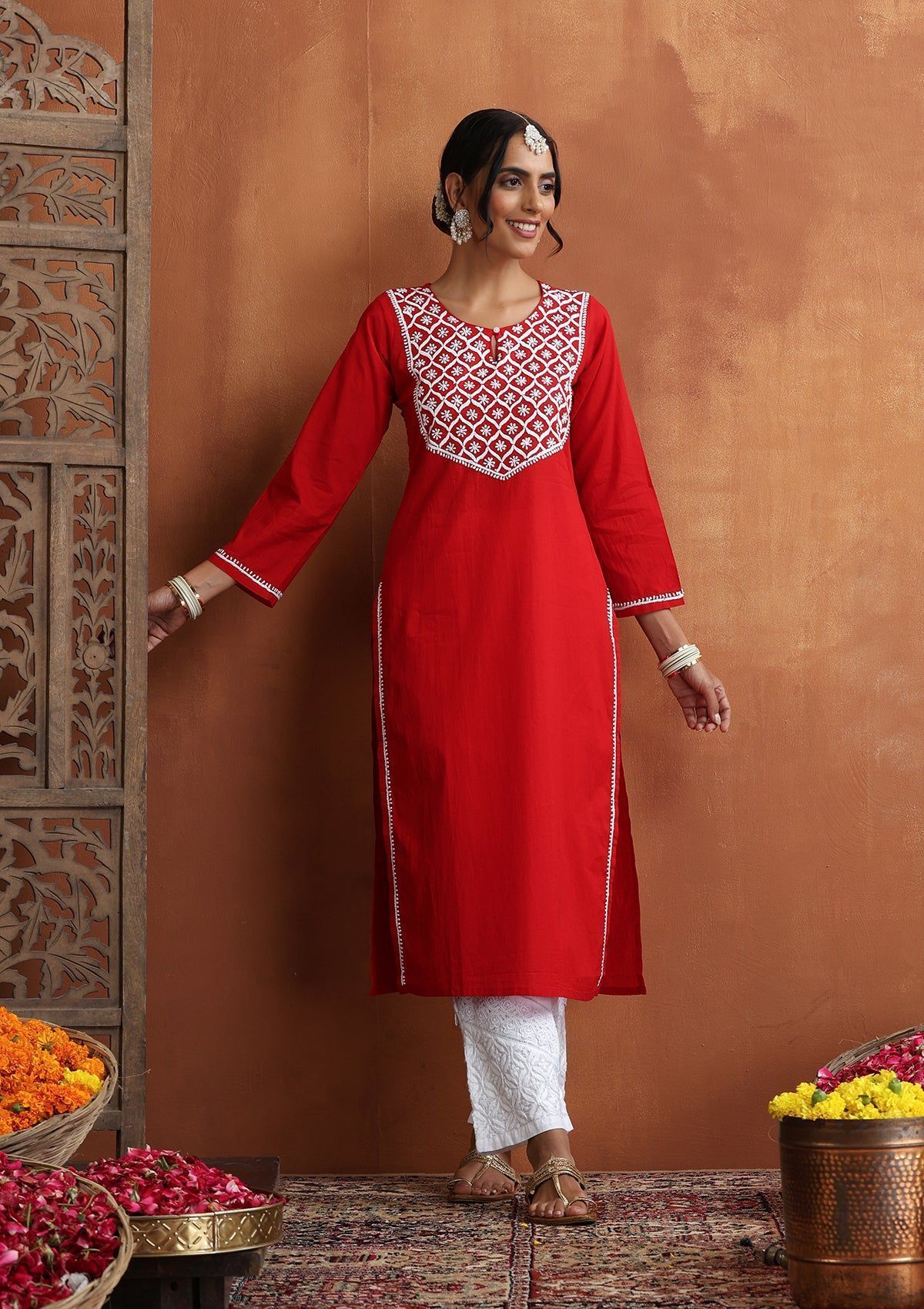 Cotton Chikankari Solid Women's Long Kurta - Red