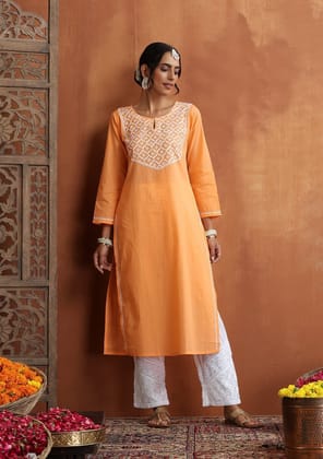 Cotton Chikankari Solid Women's Long Kurta - Peach